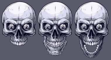 Detaylı grafik gerçekçi serin siyah beyaz insan kafatasları ile deli gözler. Gri arka plan üzerinde. Vektör Icon set.