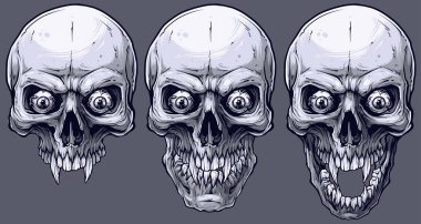Detaylı grafik gerçekçi serin siyah beyaz insan kafatasları ile keskin köpek dişi ve deli gözler. Gri arka plan üzerinde. Vektör Icon set.