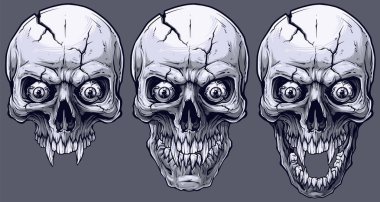 Detaylı grafik gerçekçi serin siyah beyaz insan kafatasları keskin köpek dişleri, çılgın gözler ve çatlaklar ile. Gri arka plan üzerinde. Vektör Icon set.