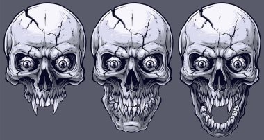 Detailed graphic realistic cool black and white human skulls with sharp canines, crazy eyes and cracks. On gray background. Vector icon set. clipart