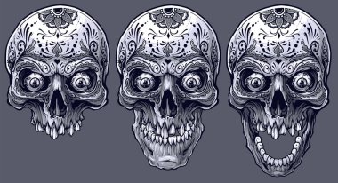 Detaylı grafik gerçekçi serin siyah beyaz insan kafatasları gözleri ve Meksika dövmesi çiçek süsleme. Gri arka plan üzerinde. Vektör Icon set.