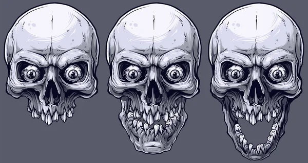 Gráfico Detallado Realista Fresco Cráneos Humanos Blanco Negro Con Ojos — Vector de stock