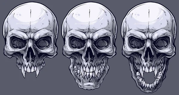 Detaylı grafik gerçekçi serin siyah beyaz insan kafatasları ile köpek dişleri keskin. Gri arka plan üzerinde. Vektör Icon set.