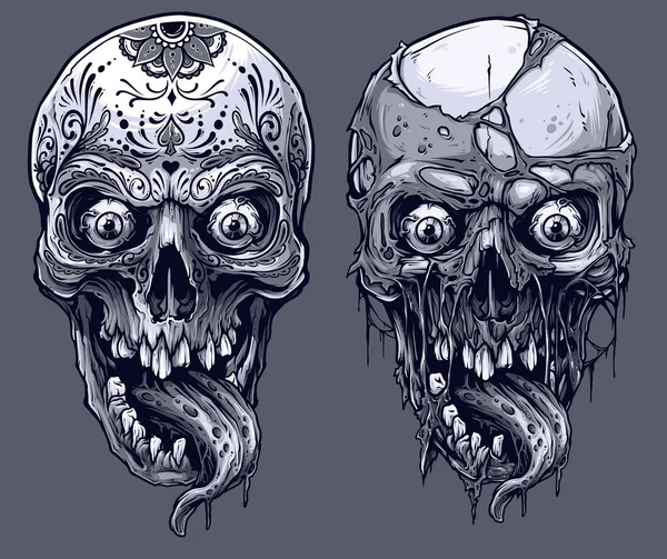 Calaveras Humanas Frescas Realistas Gráficas Detalladas Del Blanco Negro Con — Vector de stock