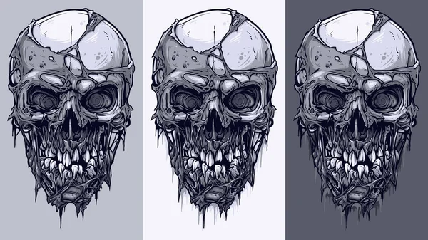 Graphiques Détaillés Crânes Humains Noirs Blancs Froids Avec Horribles Morceaux — Image vectorielle