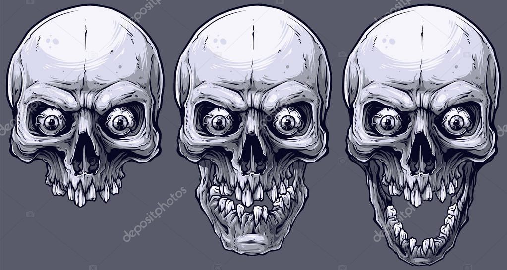 Detailed graphic realistic cool black and white human skulls with crazy eyes and broken teeth. On gray background. Vector icon set.