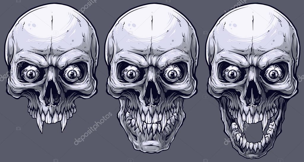 Detailed graphic realistic cool black and white human skulls with sharp canines and crazy eyes . On gray background. Vector icon set.