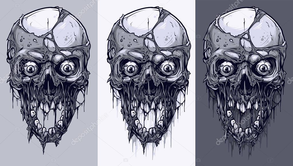 Detailed graphic realistic cool black and white human skulls with horrible pieces of dead skin, eyes, open mouth and broken teeth. On gray background. Vector icon set.
