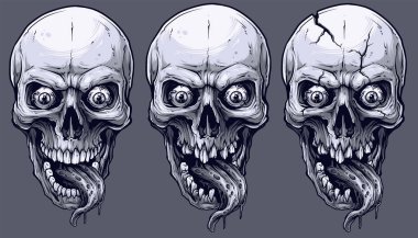 Detaylı grafik gerçekçi serin siyah beyaz insan kafatasları korkunç uzun dil ve gözleri. Gri arka plan üzerinde. Vektör Icon set.