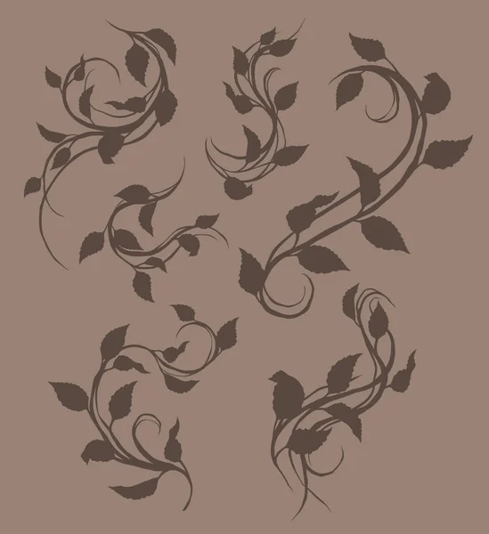 图形黑色剪影花玫瑰枝与叶子 在棕色背景 矢量图标集 — 图库矢量图片