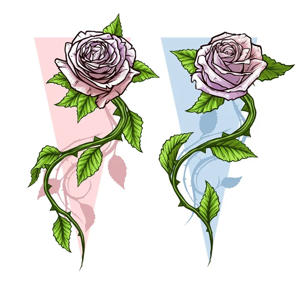 Grafis Rinci Kartun Mawar Merah Muda Bunga Dengan Batang Dan - Stok Vektor