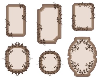 Dekoratif grafik vintage zarif süslü çerçevelerle gül, yaprakları ve dikenler. Beyaz arka plan üzerinde izole. Vektör Icon set. Cilt 2