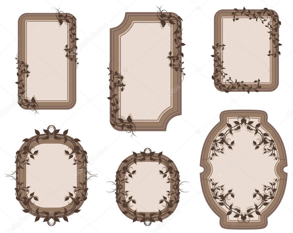 Decorative graphic vintage elegant ornate frames with roses, leaves and thorns. Isolated on white background. Vector icon set. Vol. 2