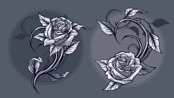 图形详细的图形黑色和白色玫瑰花与茎和叶 在灰色背景上 矢量图标集 第10卷 — 图库矢量图片