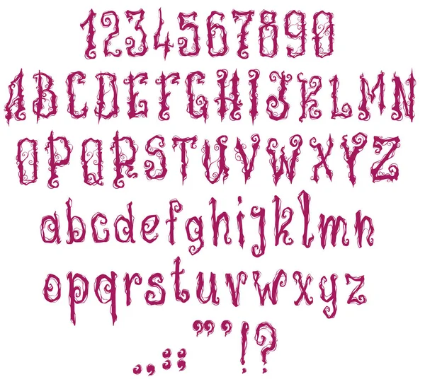 Handrawn カーリー紫バイオレット フォントです ゴシック様式 ベクトルのアルファベット 白い背景に分離 — ストックベクタ
