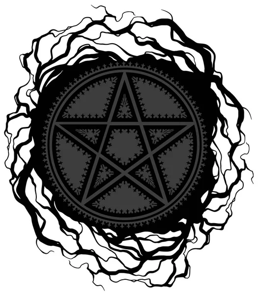 Černý pět špičaté pentagramu hvězda s ornamenty — Stockový vektor