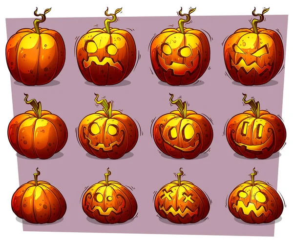 Dessin Animé Drôle Coloré Citrouilles Halloween Avec Différentes Émotions Visage — Image vectorielle