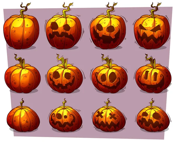 Dessin Animé Drôle Coloré Citrouilles Halloween Avec Différentes Émotions Visage — Image vectorielle