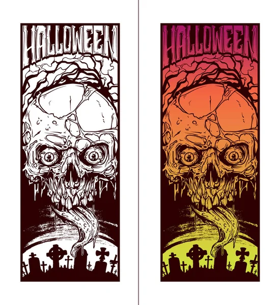 Grafische kleur en witte schedels van halloween — Stockvector