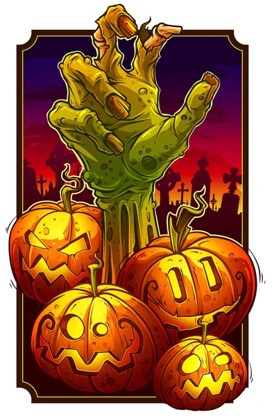 Dessin animé main zombie et citrouilles halloween — Image vectorielle