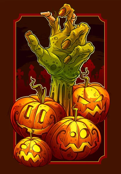 Cartone animato mano zombie e zucche di Halloween — Vettoriale Stock