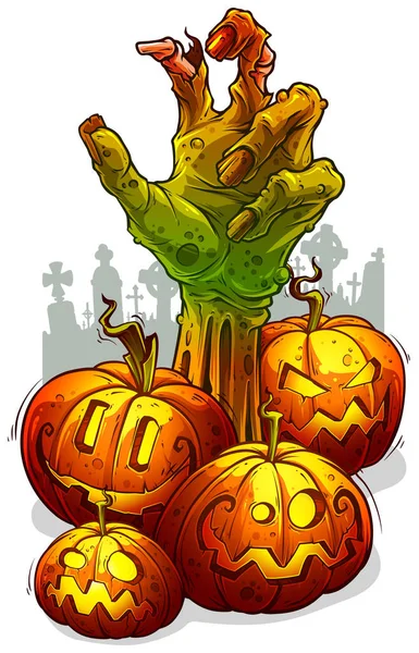 Dessin animé main zombie et citrouilles halloween — Image vectorielle