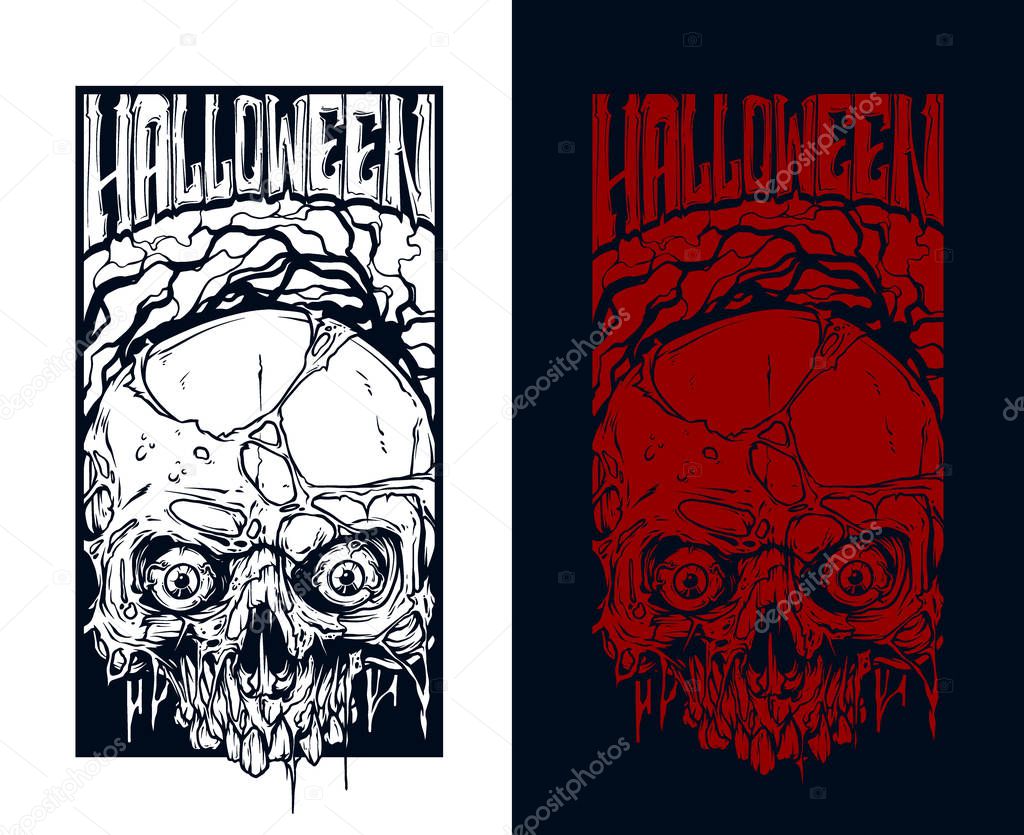 Detailed graphic red and white halloween skulls