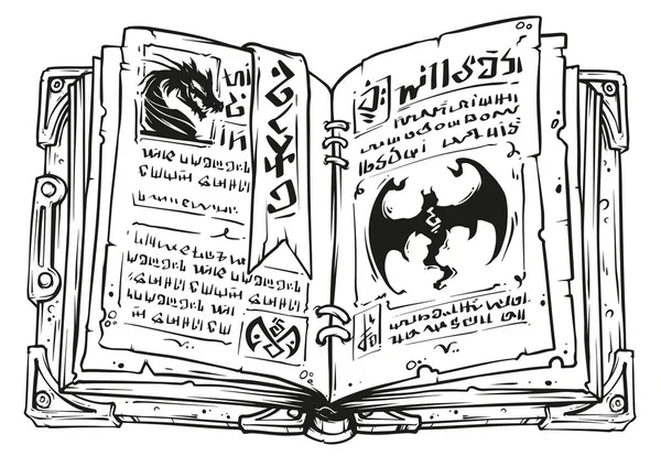 Cartoon Black White Old Open Magic Spell Book Dragons Strange — Stock Vector