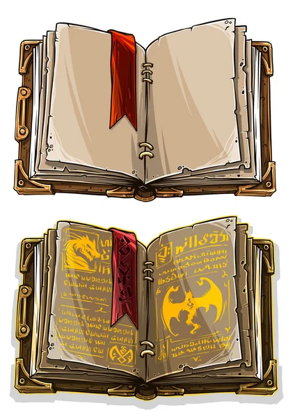 Renkli eski açık sihirli büyü kitapları ejderha, garip semboller ve yer işareti karikatür. Beyaz arka plan üzerinde izole. Vektör Icon set.