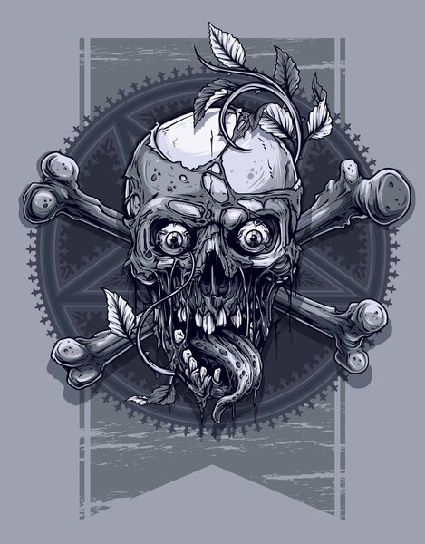 Детальный графический реалистичный черно-белый человеческий череп с ужасным длинным языком и скрещенными костями. На пятиконечной пентаграммной звезде с орнаментом на фоне круга. Значок вектора
.