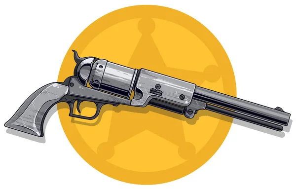 Grafikus Részletes Szürke Régi Revolver Sárga Sheriff Csillag Háttér Val — Stock Vector