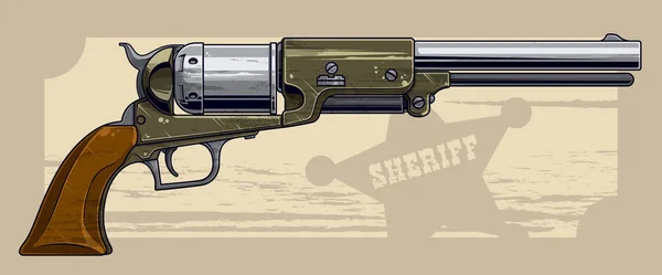Grafik Detaillierter Grauer Alter Revolver Auf Vintage Sheriffstern Hintergrund Mit — Stockvektor