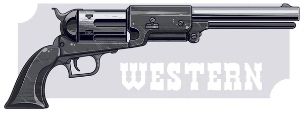 Grafikus Részletes Szürke Régi Fém Revolver Szüret Nyugati Háttér Vektor — Stock Vector