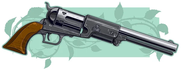 图形详细的灰色旧左轮手枪与木制手柄 在背景与剪影玫瑰分支与刺 矢量图标 — 图库矢量图片