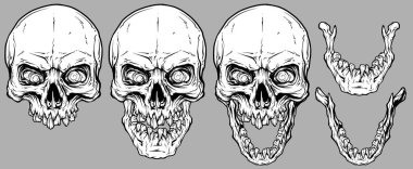Detaylı grafik gerçekçi serin beyaz insan kafatasları ile kırık dişler ve alt çene. Gri arka plan üzerinde. Vektör Icon set.