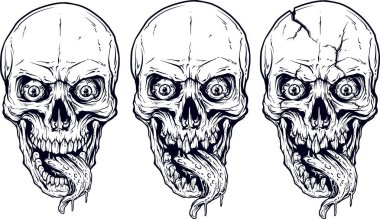 Detaylı grafik gerçekçi serin beyaz insan kafatasları korkunç uzun dil, çılgın gözler ve alt çene. Beyaz arka plan üzerinde. Vektör Icon set.