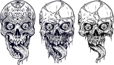 Detaylı grafik gerçekçi serin beyaz insan kafatasları korkunç uzun dil ve Meksika dövmesi çiçek süsleme ile. Beyaz arka plan üzerinde. Vektör Icon set.