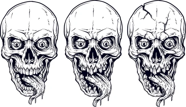 Detaylı grafik gerçekçi serin beyaz insan kafatasları korkunç uzun dil, çılgın gözler ve alt çene. Beyaz arka plan üzerinde. Vektör Icon set.