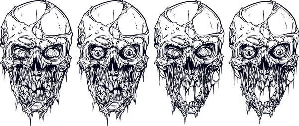 Crânes Humains Blancs Froids Graphiques Détaillés Avec Horribles Morceaux Peau — Image vectorielle