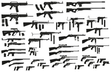 Grafik siyah siluet tabanca, tüfek, tüfek, submachines, tabanca ve av tüfeği ayrıntılı. Beyaz arka plan üzerinde izole. Vektör silah ve ateşli silah simgeler kümesi. Cilt 2