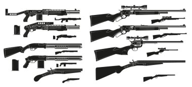 Grafik siyah ve beyaz siluet modern ve retro av tüfeği ve tüfek cephane Klipsli ayrıntılı. Beyaz arka plan üzerinde izole. Vektör Icon set.