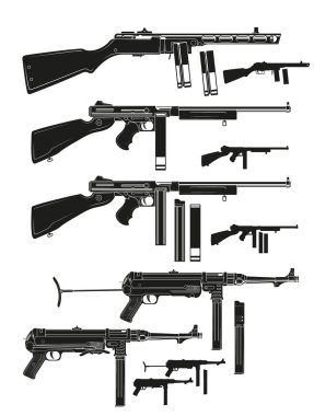 Grafik siyah ve beyaz siluet eski retro hafif makineli tüfek cephane Klipsli ayrıntılı. Beyaz arka plan üzerinde izole. Vektör Icon set.
