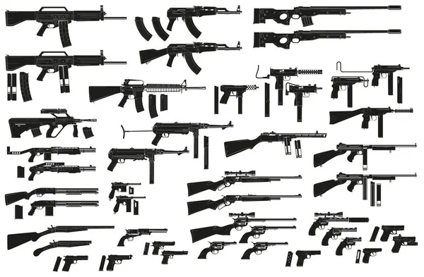 Графічний Чорний Докладний Силует Пістолети Рушниці Гвинтівки Submachines Револьвери Рушниці — стоковий вектор