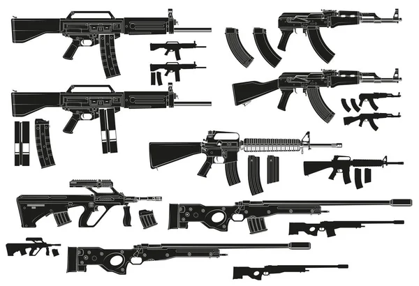 Gráfica Blanco Negro Detallada Silueta Moderna Asalto Automático Rifles Francotirador — Archivo Imágenes Vectoriales