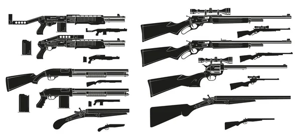 Gráfico Preto Branco Silhueta Detalhada Moderna Retro Espingardas Rifles Com —  Vetores de Stock