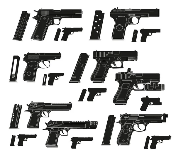 Graphiques Noir Blanc Silhouette Détaillée Pistolets Modernes Avec Clip Munitions — Image vectorielle