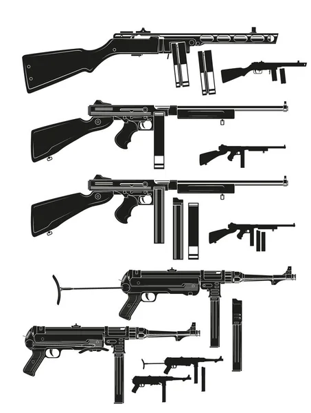 Gráfico Preto Branco Silhueta Detalhada Antigas Metralhadoras Retro Com Clipe — Vetor de Stock