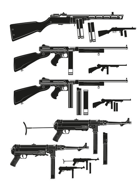 Graphic black and white detailed silhouette old retro submachine guns with ammo clip. Isolated on white background. Vector icon set.