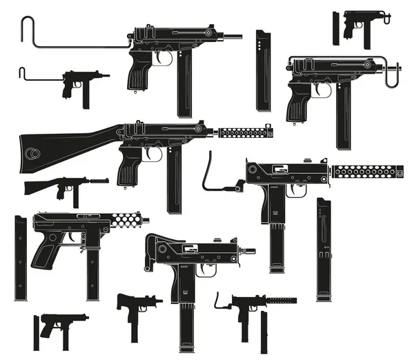 Графічний Чорно Білий Деталізований Силует Сучасних Пістолетів Кулеметів Затискачем Боєприпасів — стоковий вектор