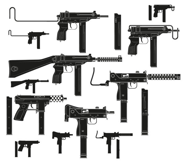 Graphic black and white detailed silhouette modern submachine guns with ammo clip. Isolated on white background. Vector icon set.